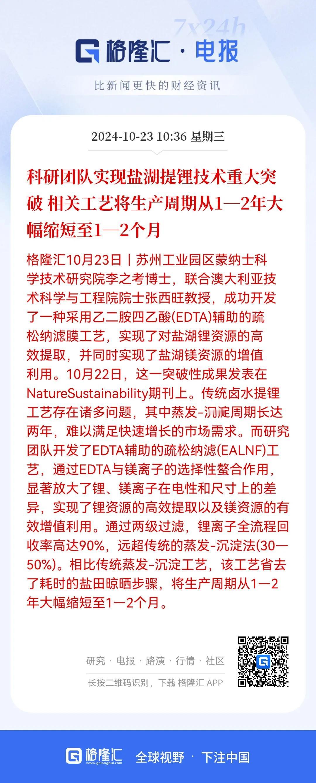 今天盐湖提锂板块为什么会涨？
原来是科研团队实现了盐湖提锂技术的重大突破，新工艺