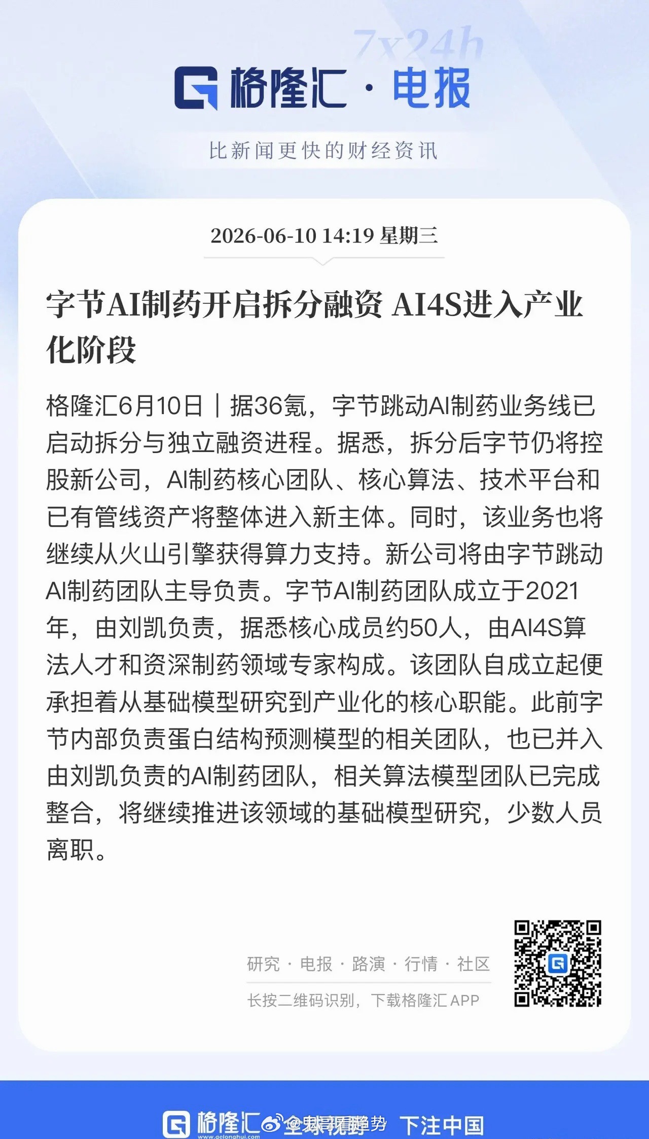 又一家互联网大厂加码AI制药，字节跳动成为继华为之后，又一位入局的行业巨头。AI