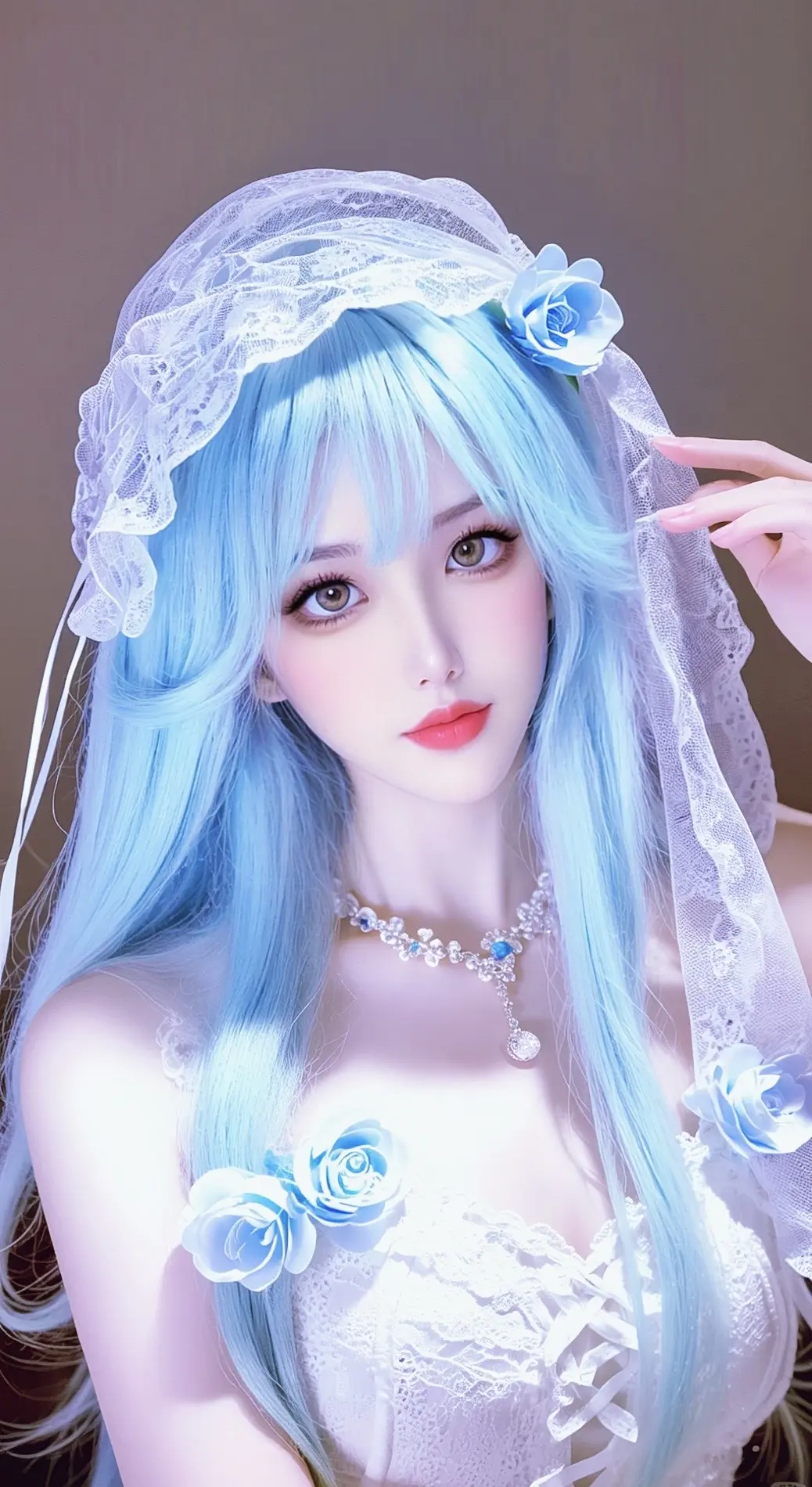 AI蓝发蕾丝写真 ai创作 蓝色花嫁