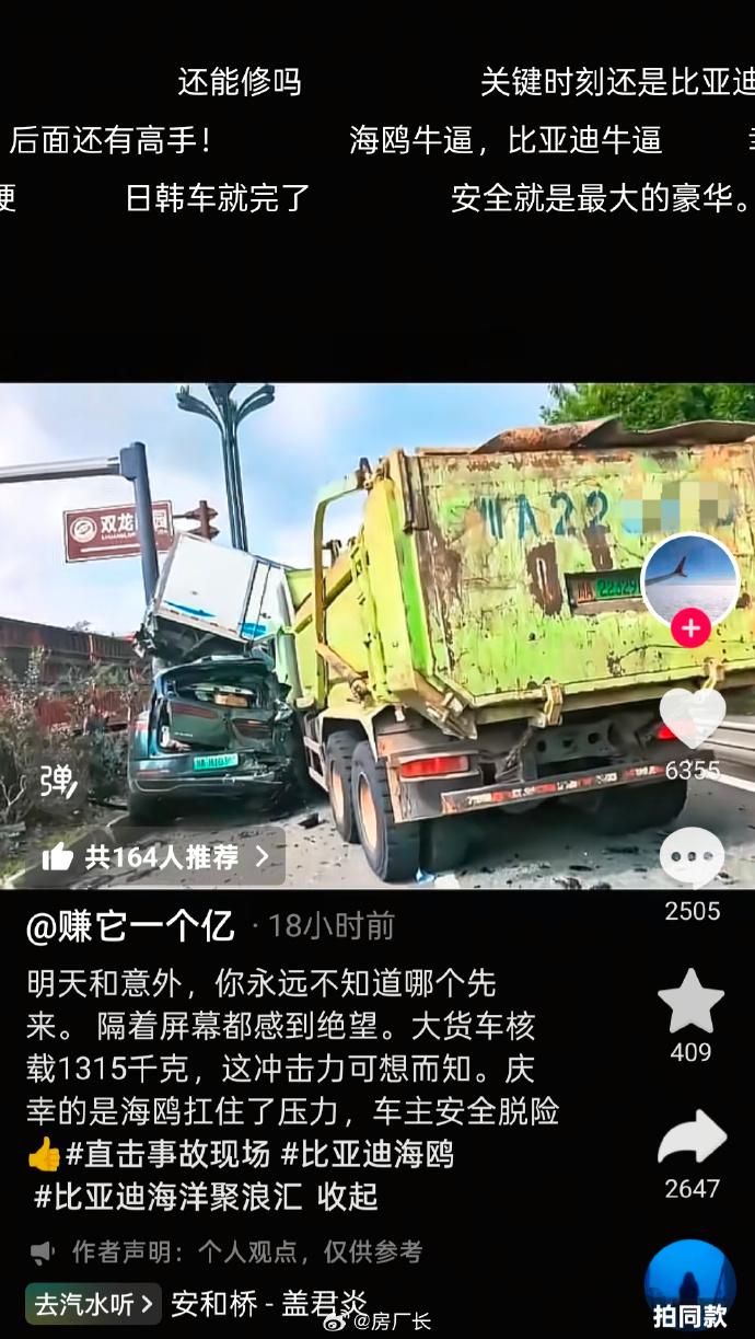 比亚迪的车真硬啊，腾势N8L被大卡车追尾，顶下最大伤害，小海鸥被夹击硬抗大货车，