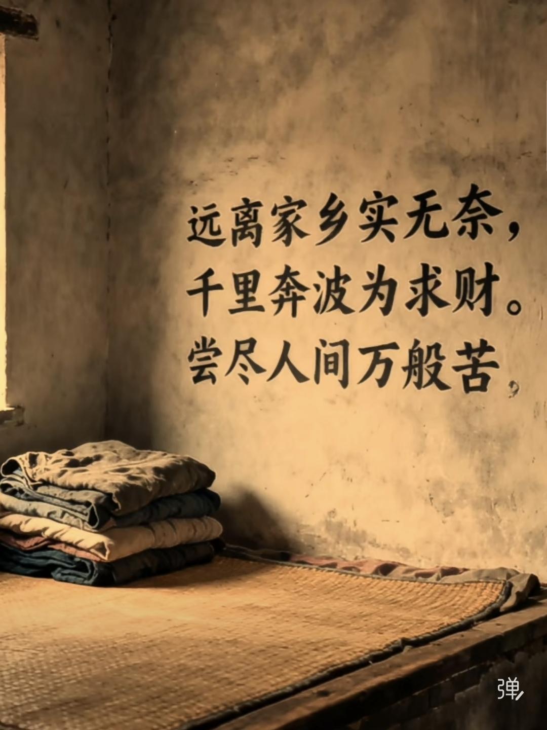 离乡叹
远离家乡实无奈，
千里奔波为求财。
尝尽人间万般苦，
历经世路几重哀。