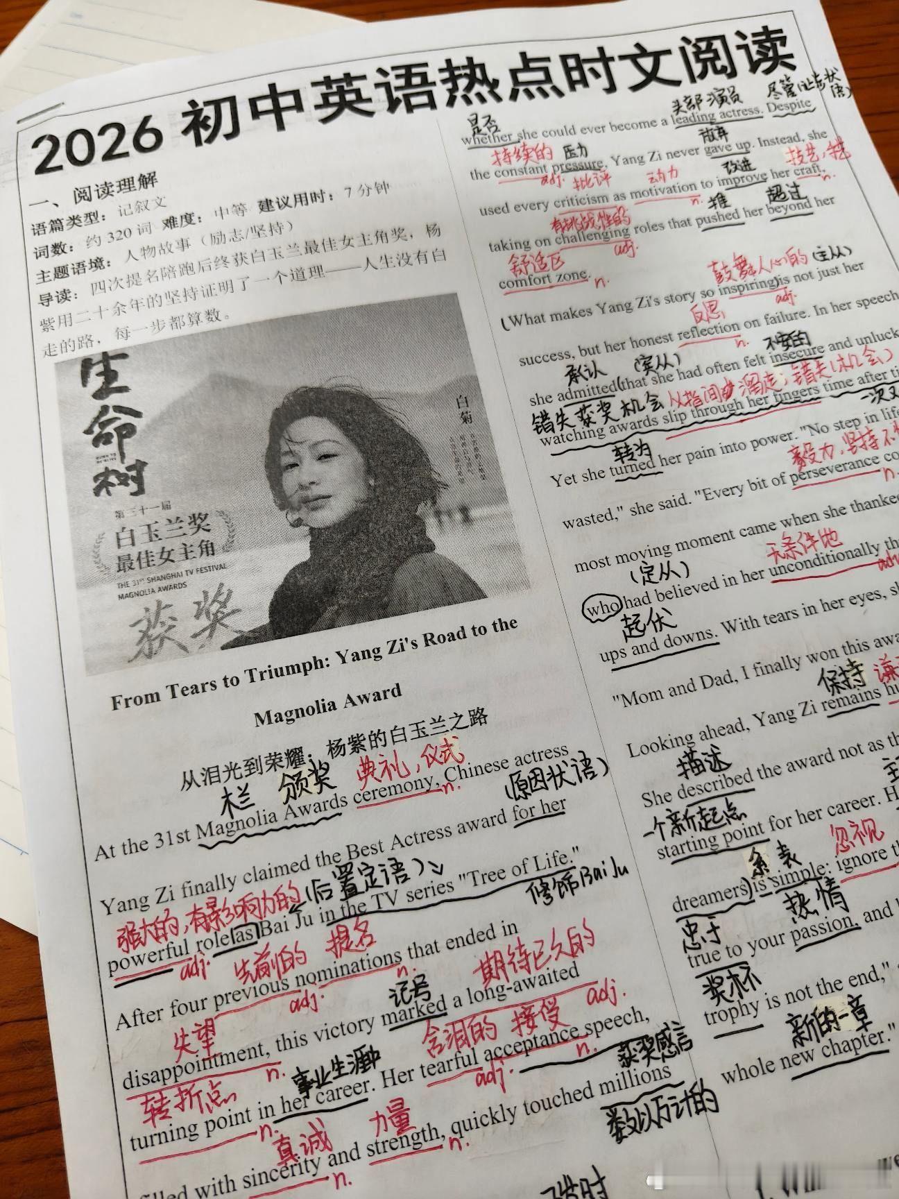 杨紫白玉兰获奖也是各学科的考点，初中英语热点时闻阅读考点，导读写得非常深刻：杨紫