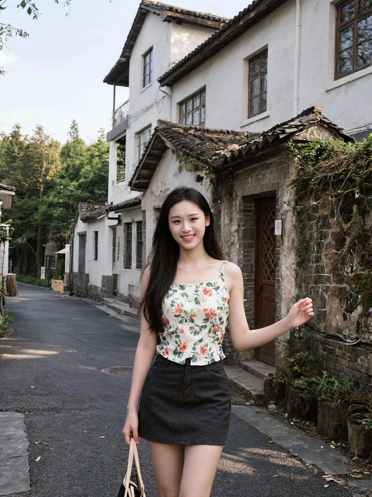 这白墙黑瓦的古风街道，仿佛一脚踏进了时光隧道。我这身花花绿绿的搭配，是不是和这背