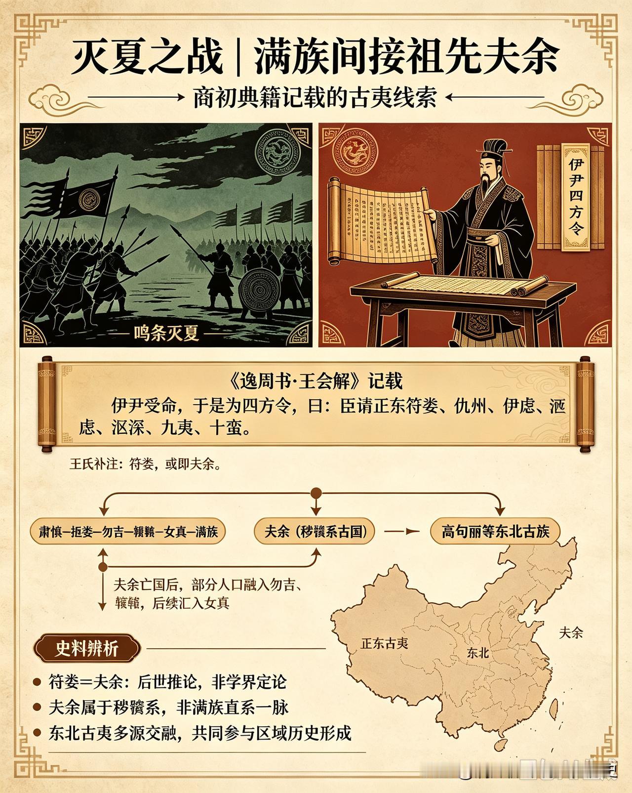 灭夏之战｜满族间接祖先夫余：商初典籍记载的古夷）
 
商汤灭夏，鸣条一战大破夏军