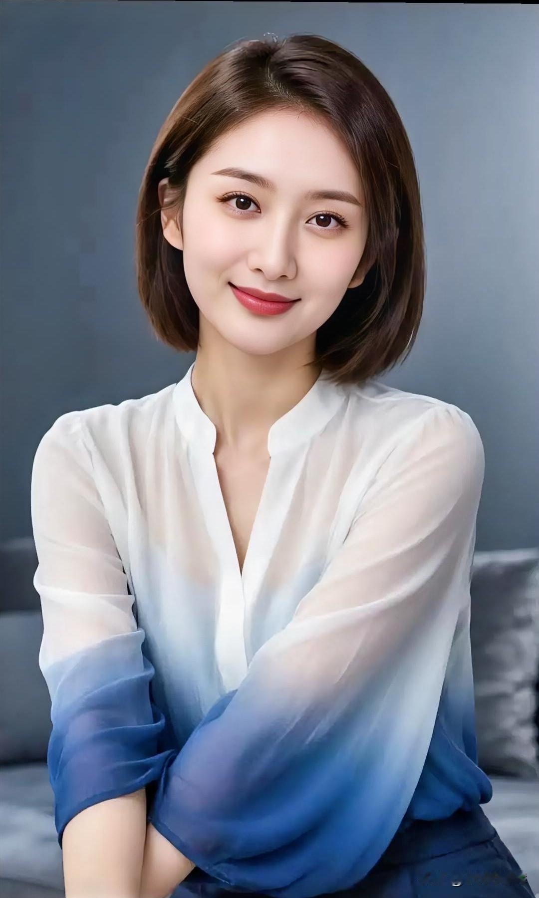 素色晕染，如墨入水。

白衫渐蓝，似云坠波心。

短发齐整，映光如缎。

笑意轻