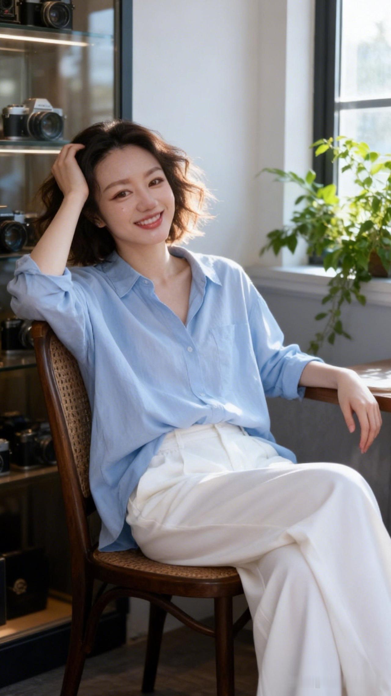 阳光洒进来的午后，微笑的少女与复古相机相伴。