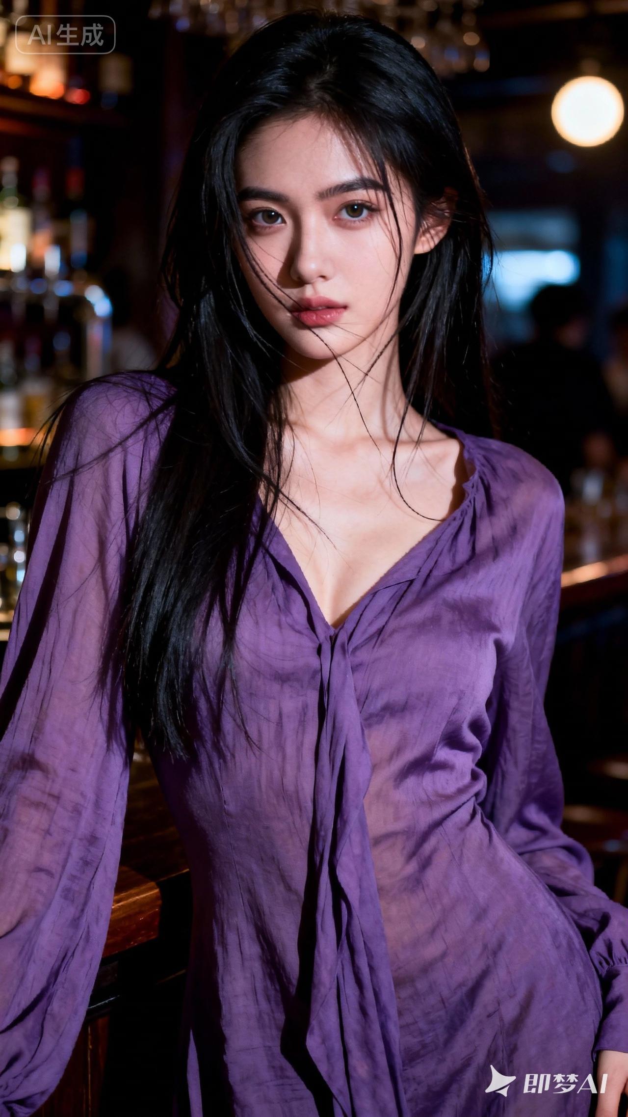 紫色连衣裙总能营造出一种独特的优雅气质，让人在酒吧的氛围里格外迷人。就像《FF7