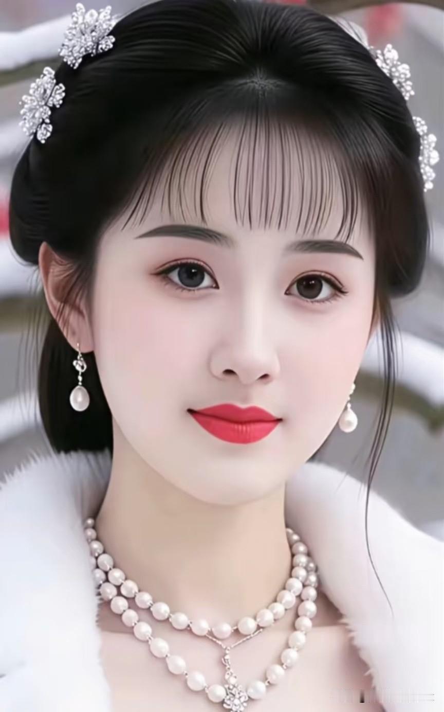 水仙子·冬妆佳人
 
银钗巧绾鬓边鸦，珠串垂肩衬素纱，霜毛轻拢玉凝颊。
丹唇凝落