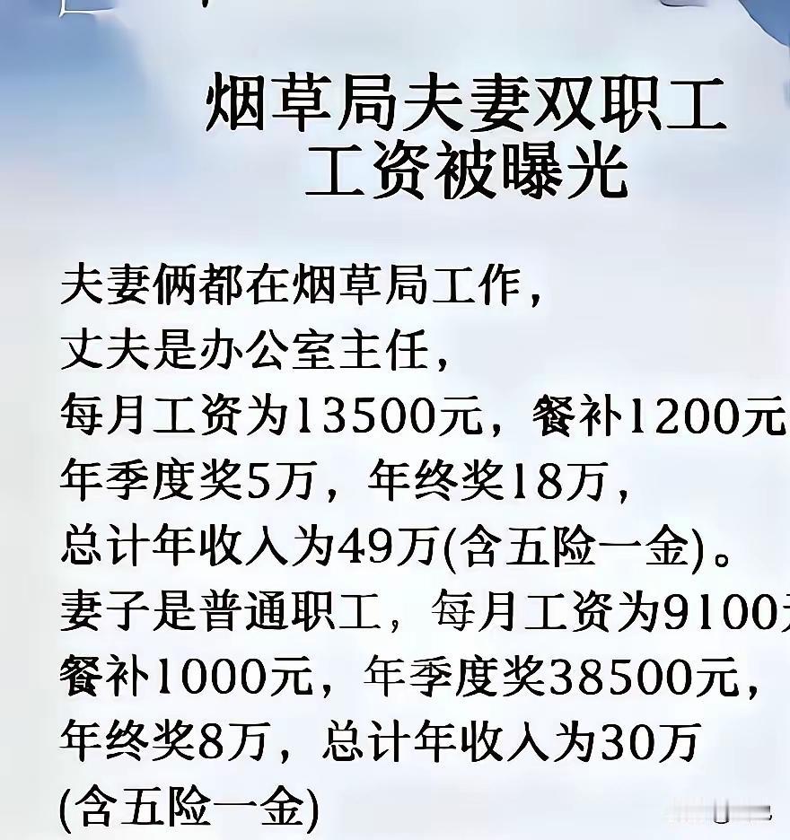 我们这县一级的烟草公司最低收入的普通职工20左右，一把手50左右。我觉得最起码比