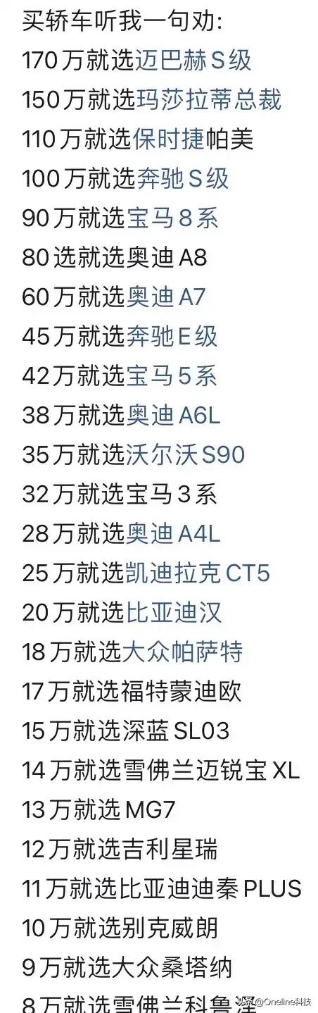 兄弟们，不用再纠结买啥车了！
我已经帮你们彻底规划好了

从8万到170万，想怎