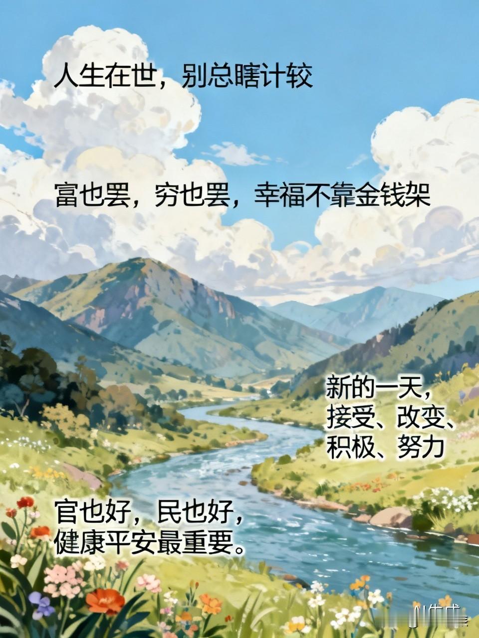人生在世，别总瞎计较。和有钱的比，咱钱少；和当官的比，咱权小。但富也罢，穷也罢，