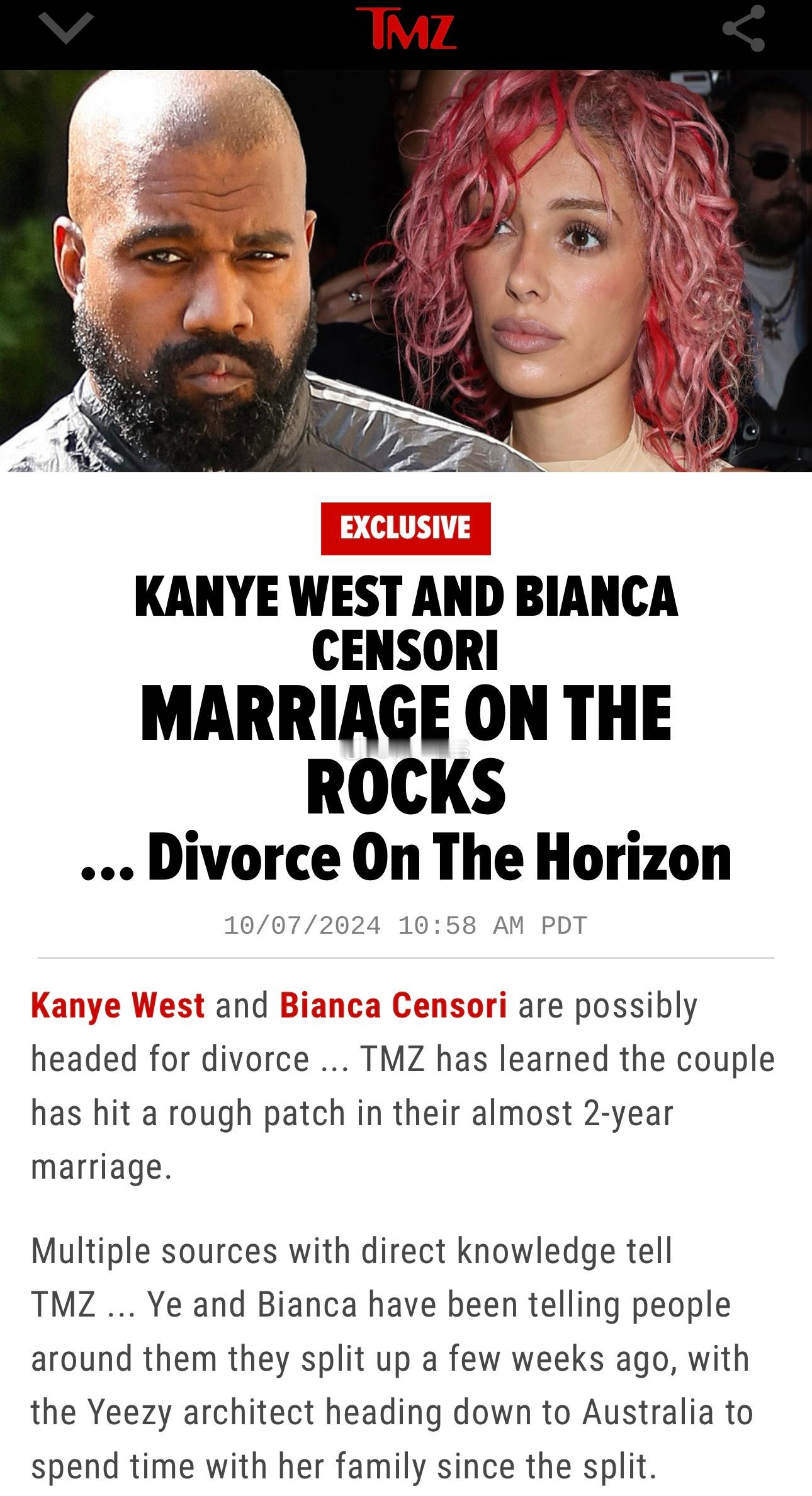 ‼️‼️侃爷跟Bianca要离婚了‼️Bianca现在跟家人回澳大利亚了，Ye跟