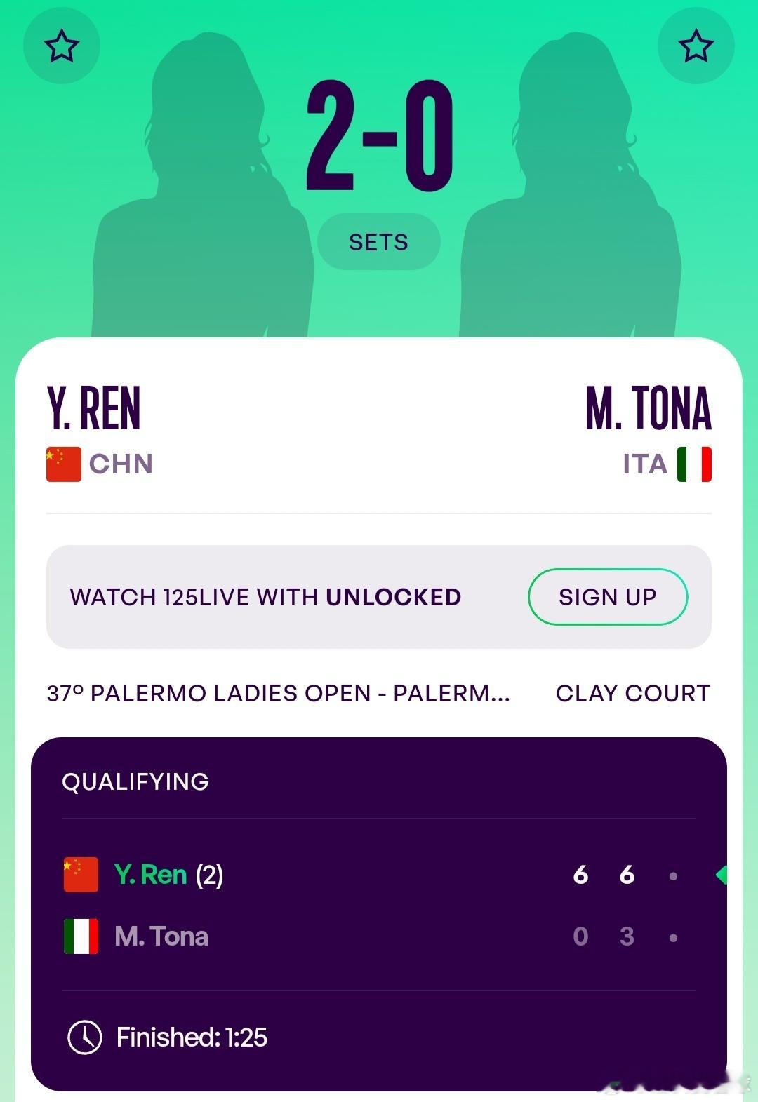 WTA125帕勒莫站🇮🇹资格赛决胜轮任钰菲🇨🇳6-0/6-3战胜托纳🇮