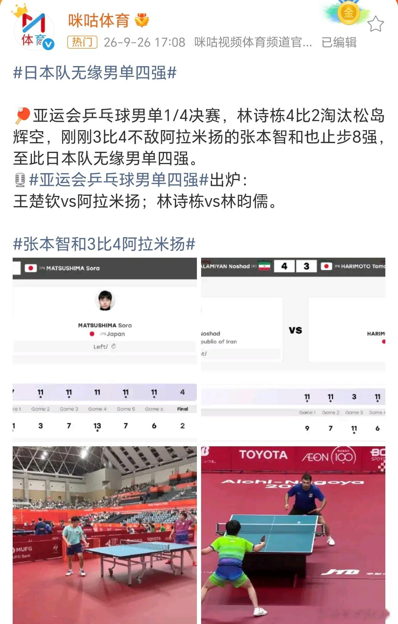 张本智和淘汰 哈？不是说日本这俩人双子星吗？前两天，决赛还赢我们拿金牌了，张本智