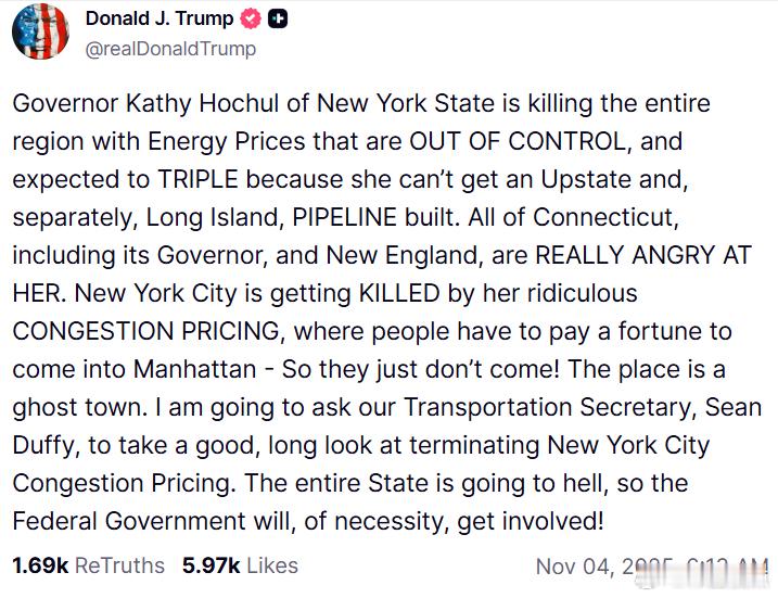 特朗普总统11月3日：纽约州州长凯西·霍楚尔正在用失控的能源价格摧毁整个地区——