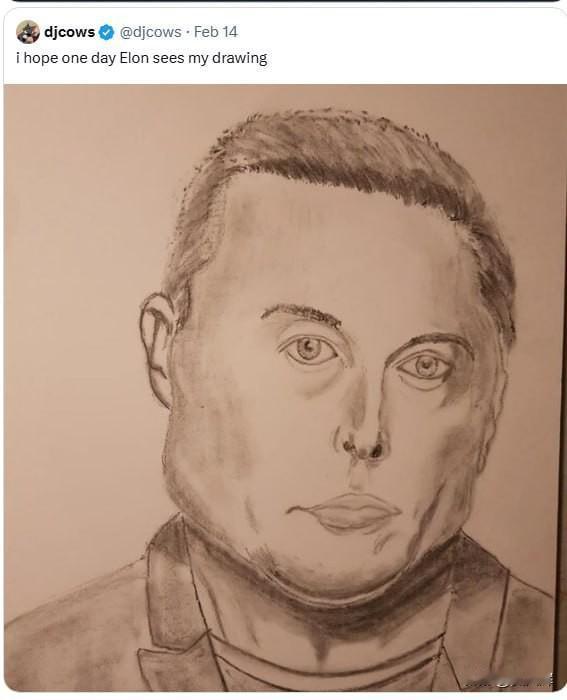 马斯克真闲不住：在X平台拉黑粉丝，只因对方给其画的肖像画太丑
 
X平台用户dj