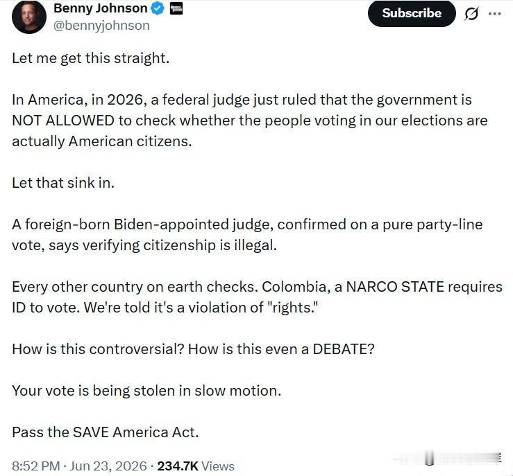 我捋一捋这件事。
 
2026年的美国，一名联邦法官刚刚裁定：政府不得核查大选投