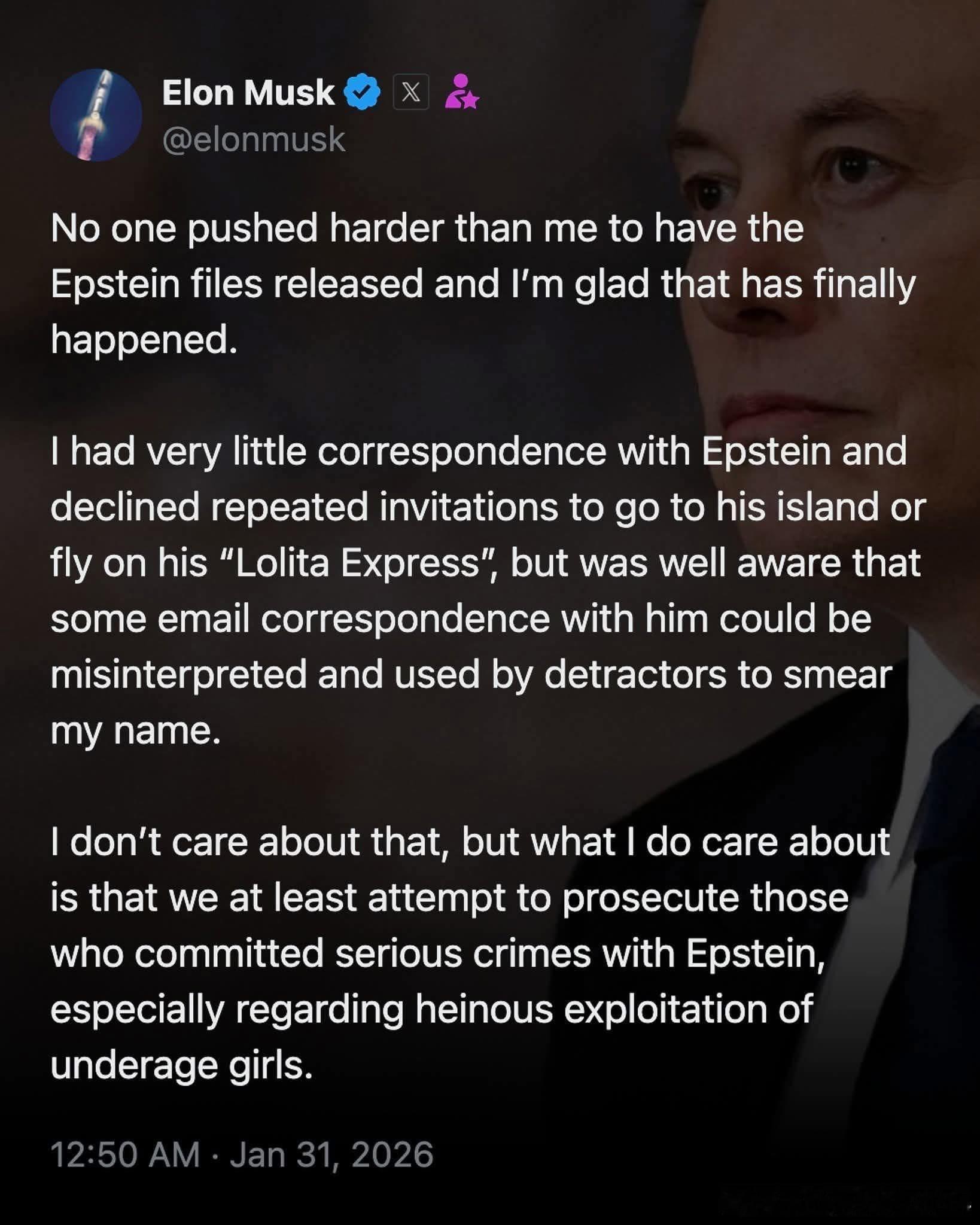 “没有人比我更努力推动过公布爱泼斯坦文件，我也很高兴这件事终于发生了。我和爱泼斯