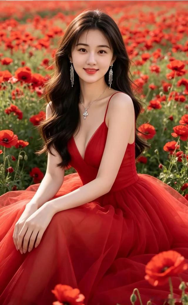 遍野嫣红虞美人，
红裙姑娘俏传神。
柔眸浅笑春风醉，
青丝如瀑眼含情。