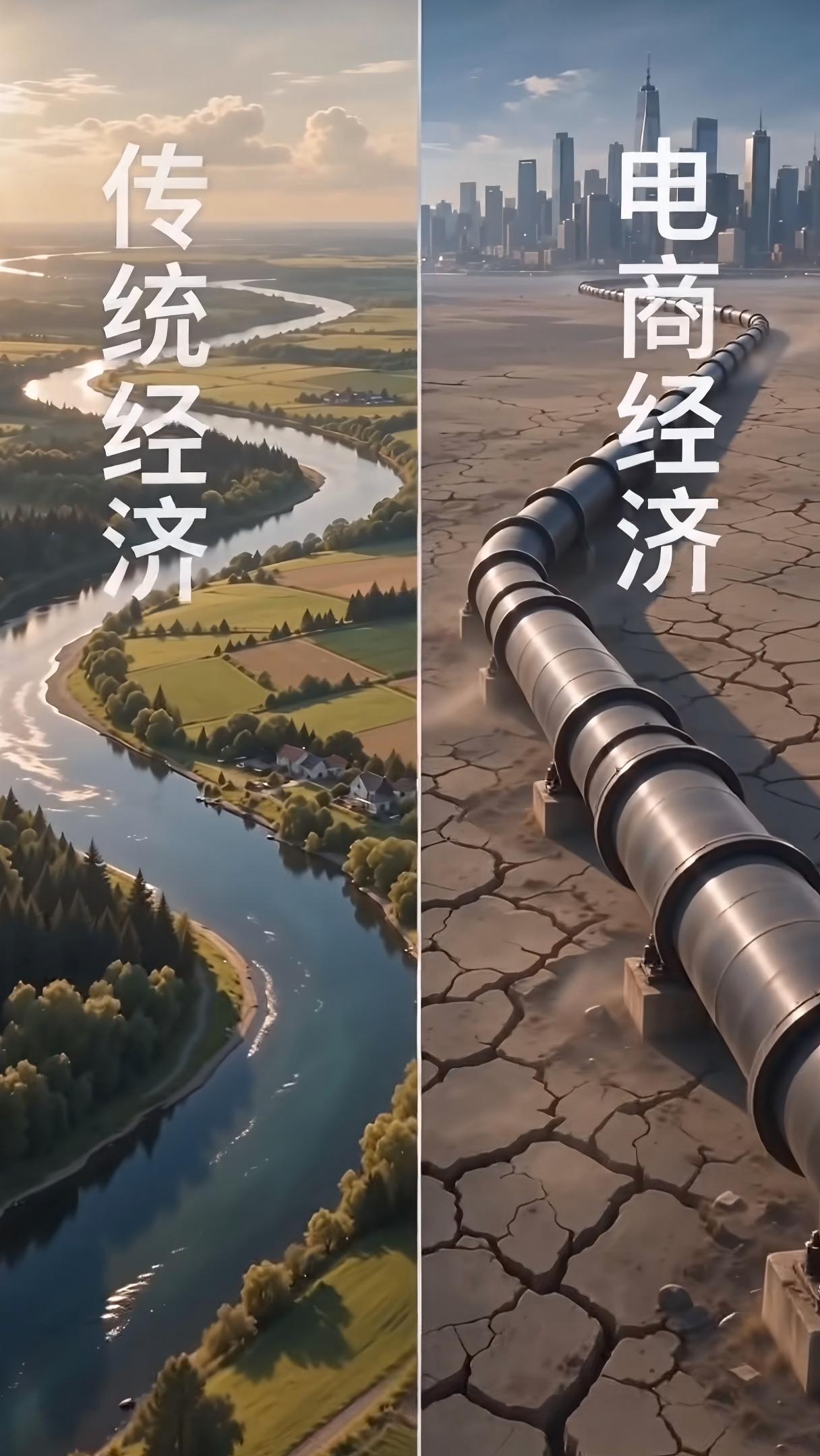 实体经济，像母亲河九曲十八弯，水流之处，草木生息，万物滋养，欣欣向荣；
电商经济