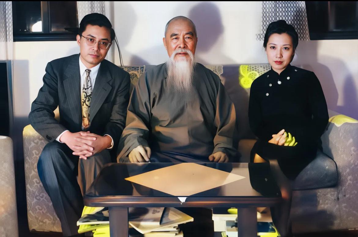 1949年香港，71岁于右任与儿子于彭、儿媳周宝珠在一起的留影