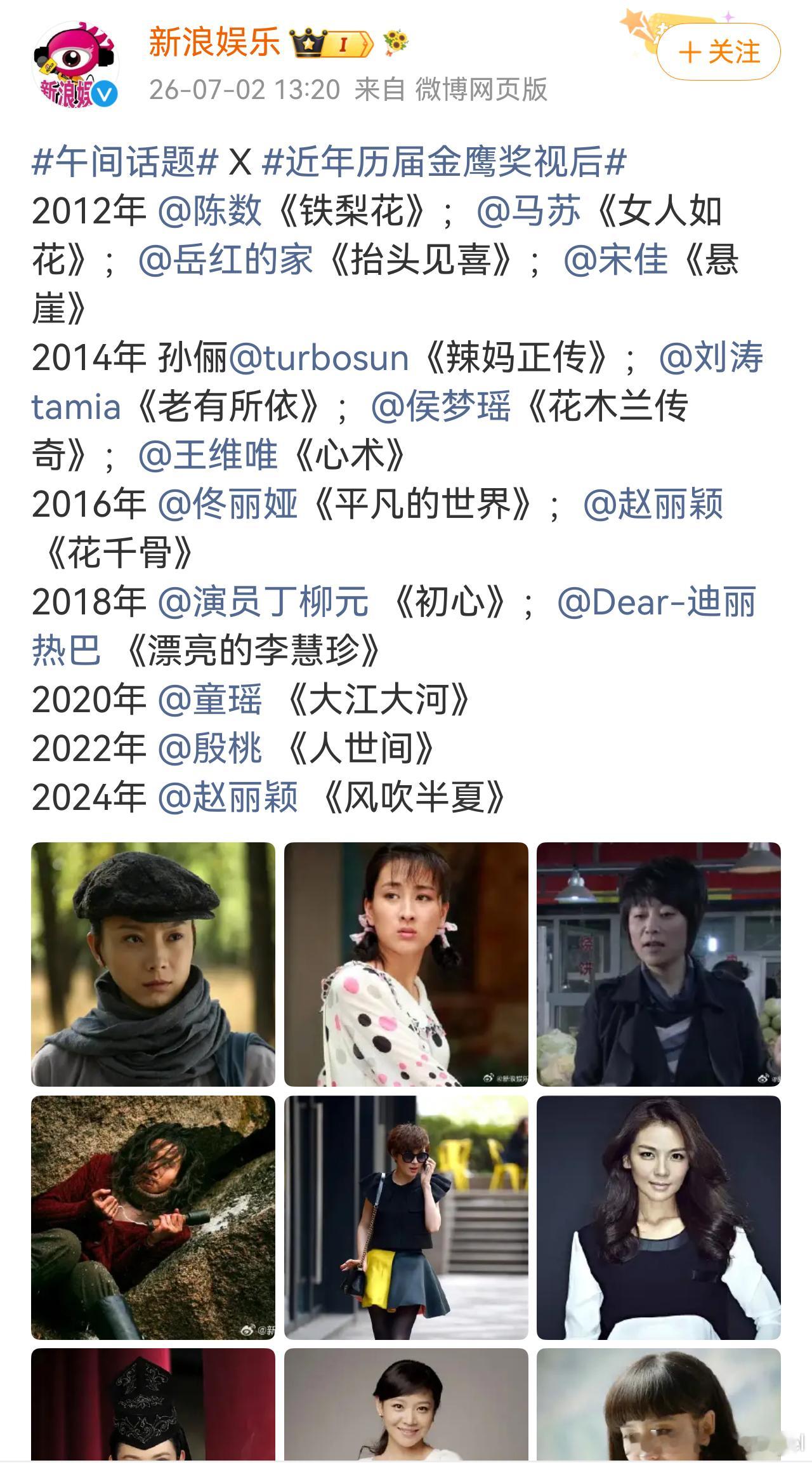 新浪最新发布的历届金鹰视后为什么没有杨幂？赵丽颖二封视后确是板上钉钉 