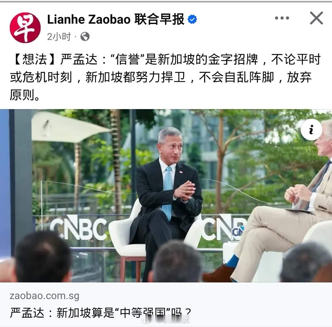 维文：新加坡是中等强国！新加坡外长维文在 CNBC 现场论坛，公开抛出核心观点：