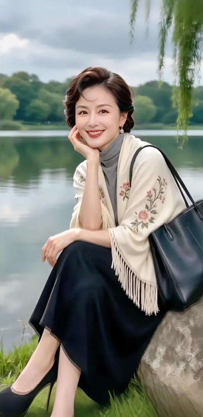 春风拂过湖面，垂柳轻轻摇曳。坐在湖畔青石上，一身素雅穿搭温柔又大方。绣花流苏披肩