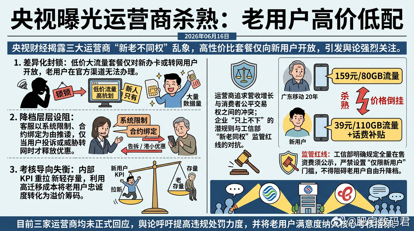 央视曝光运营商杀熟乱象这个事情早该拿到明面说了，这么多年一直这样。央视财经于20