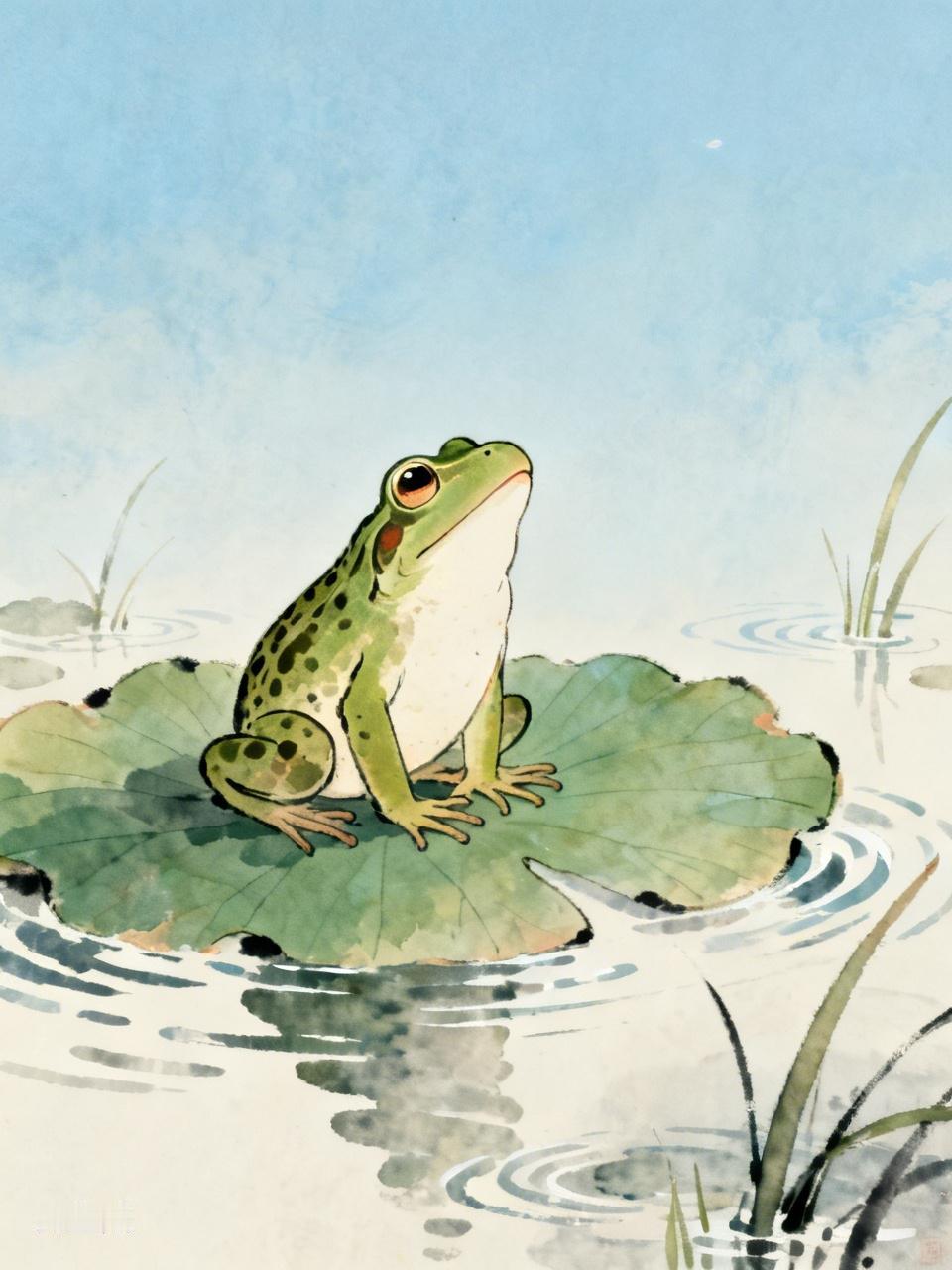 AI妙生图蛙坐荷上观日月。