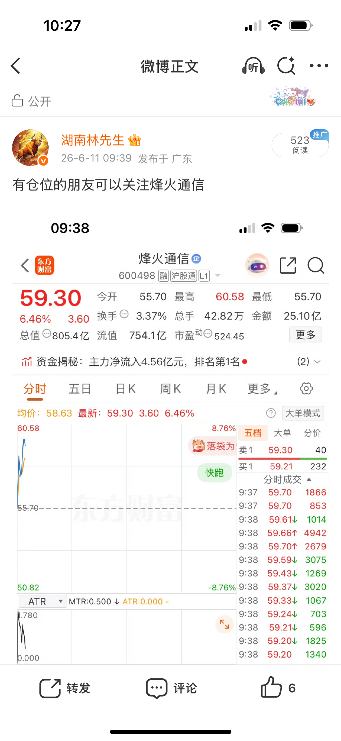 早上叫大家关注的烽火通信涨停了，有多少朋友进了的，评论区告诉我 