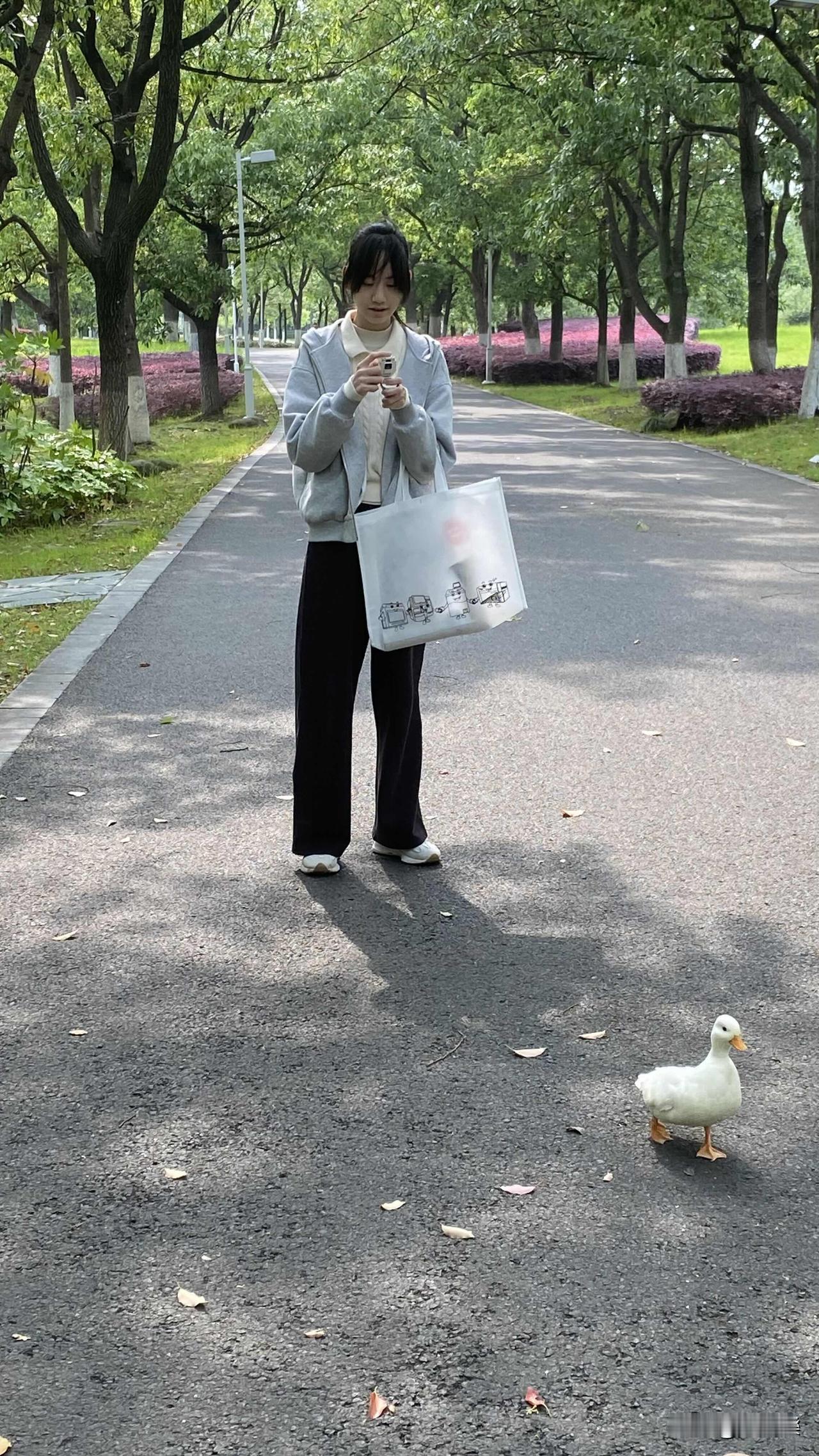 这只小鸭子一直跟小姐姐在走路，我一叫它也跟着我走，于是小姐姐赶紧抱起鸭子回家了。
