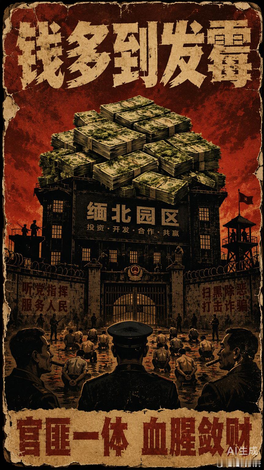 缅北电诈头目鲍岩板在房顶和院子里摊晒巨额现金的画面，看似是一场荒诞的“晒钱秀”，