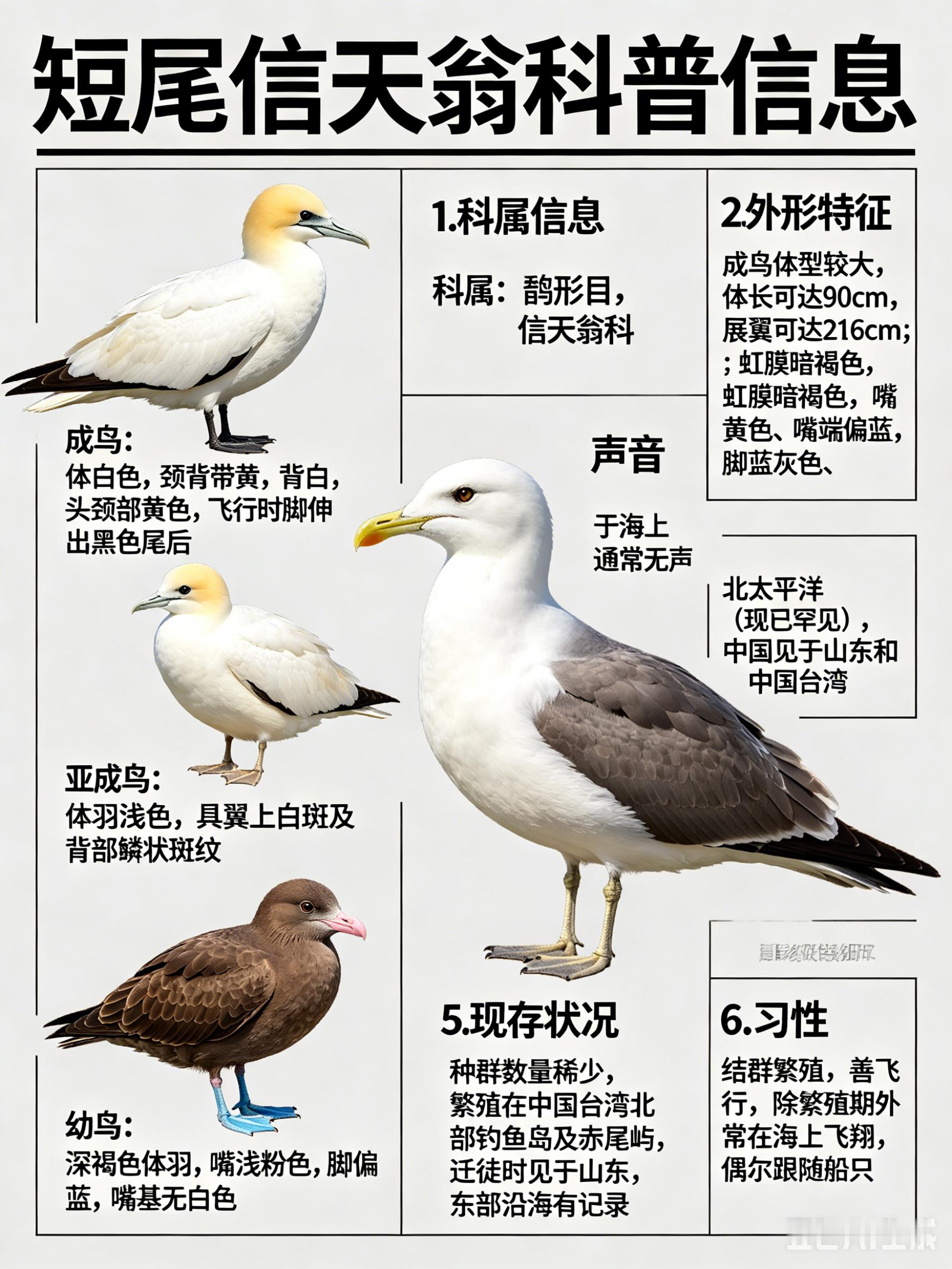 鸟类朋友图鉴 短尾信天翁·科属：鹱形目，信天翁科。·外形特征：成鸟体型较大，体长