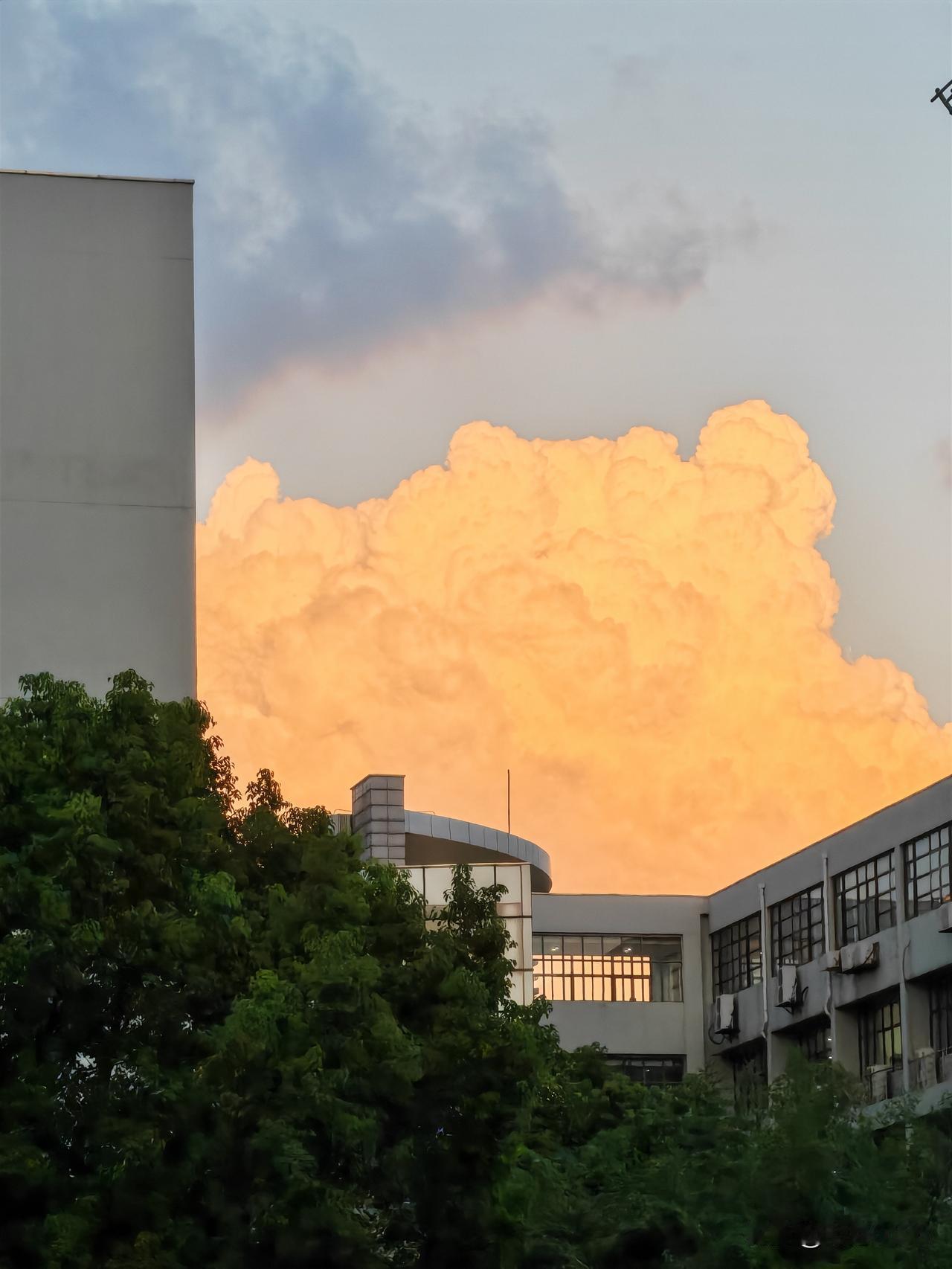 这朵云太有存在感了，像傍晚被夕阳点燃的一整座“云山”，橙金色铺满天空，下面建筑和
