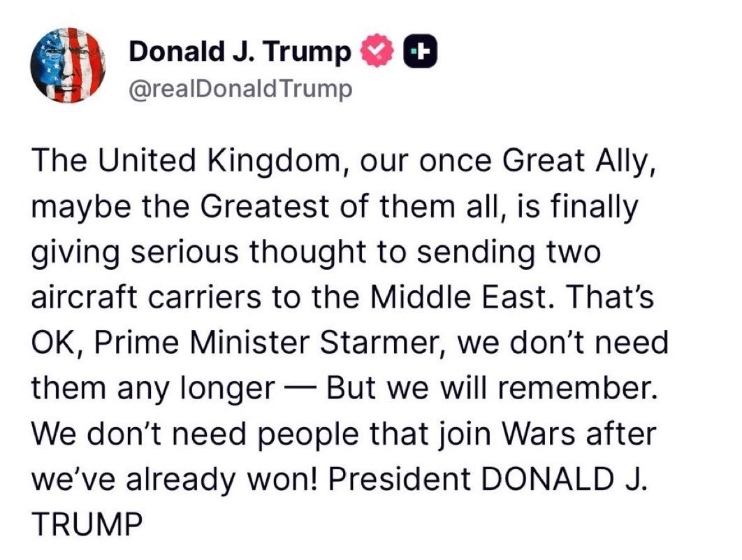 特朗普对斯塔默说：

“英国，我们曾经的伟大盟友，或许是所有盟友中最伟大的，终于