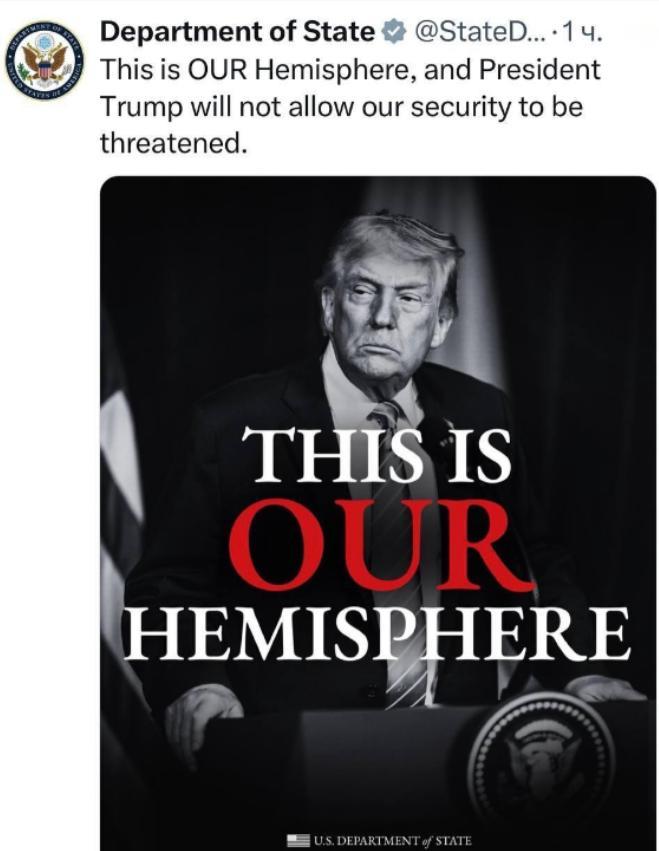 美国国务院正式宣布

1月6日，美国驻华大使馆官方账号上宣布，将西半球列为本国的