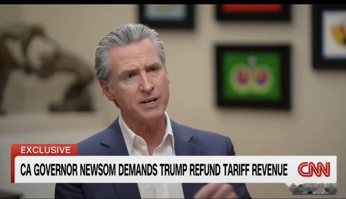 加州州长纽森23日接受采访时说：“特朗普必须把那笔关税钱连本带利退回去。对普通美