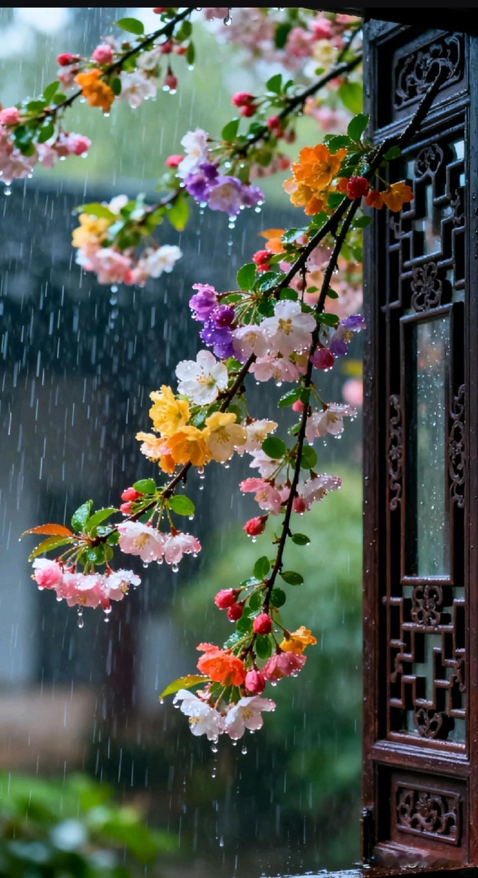《竹斋听雨，梦里生苔；世中逢尔，雨中见花》

竹斋听雨卧，梦里青苔生。
浅浅四时