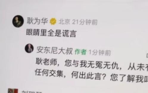 安东尼大叔拿出录屏，称在他的视频评论区里，有耿为华老师留下的评论“满眼都是谎言”