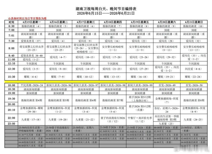 炽夏 湖南卫视下周编排！上午剧场：爱闪亮下午剧场：耀眼金鹰剧场：炽夏22:00剧