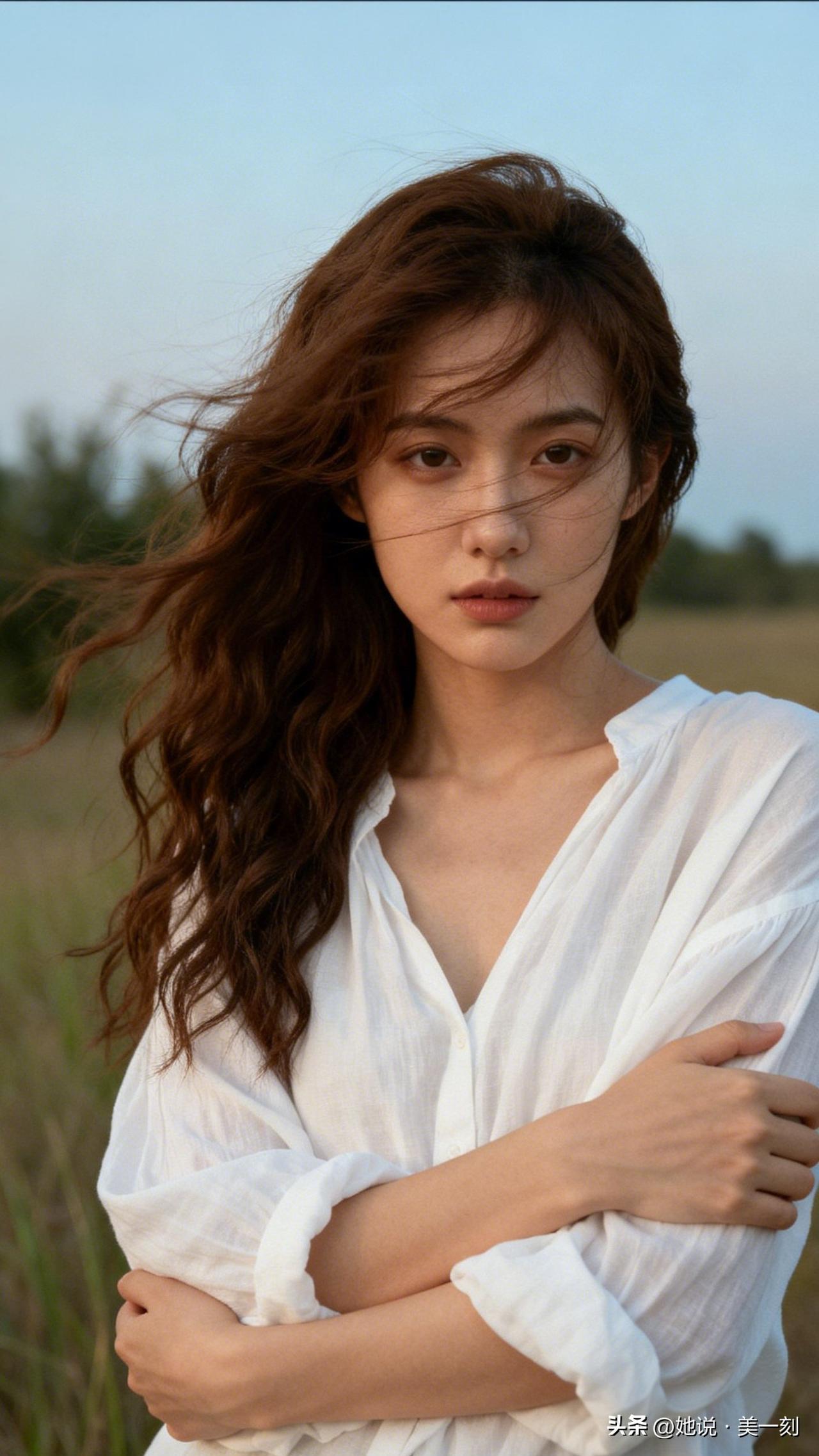 微风拂面，白衬衫少女，自然之美