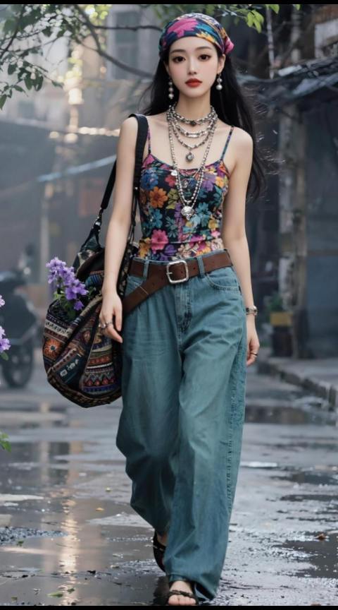 碎花吊带配牛仔，复古穿搭绝绝子。 身材窈窕韵味足，谁见不夸美女子。