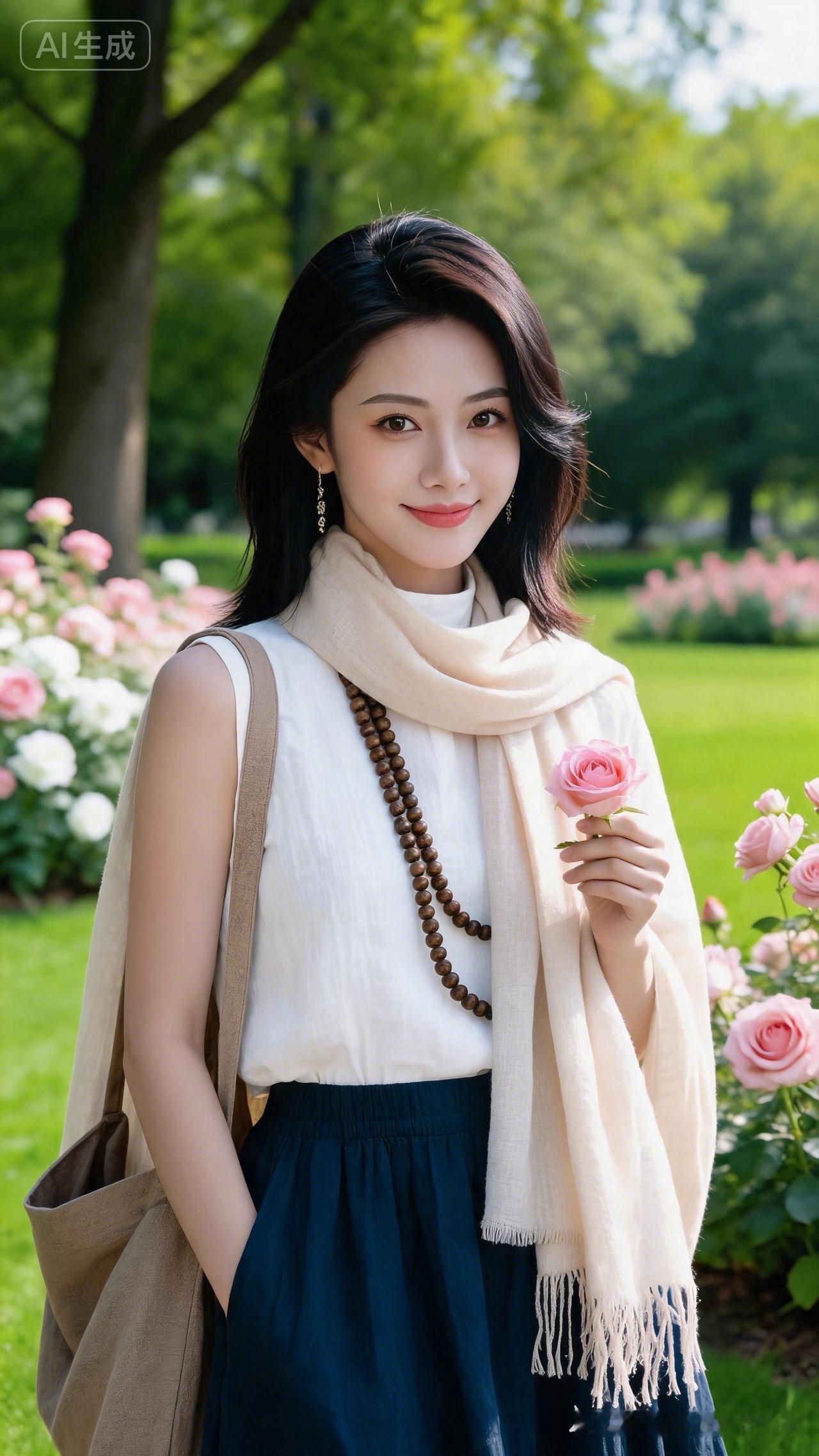 高俏美人齐肩黑发随性凌乱，冷白皮自带真实肌理。白衣亚麻上衣搭配深色棉麻长裙，手握