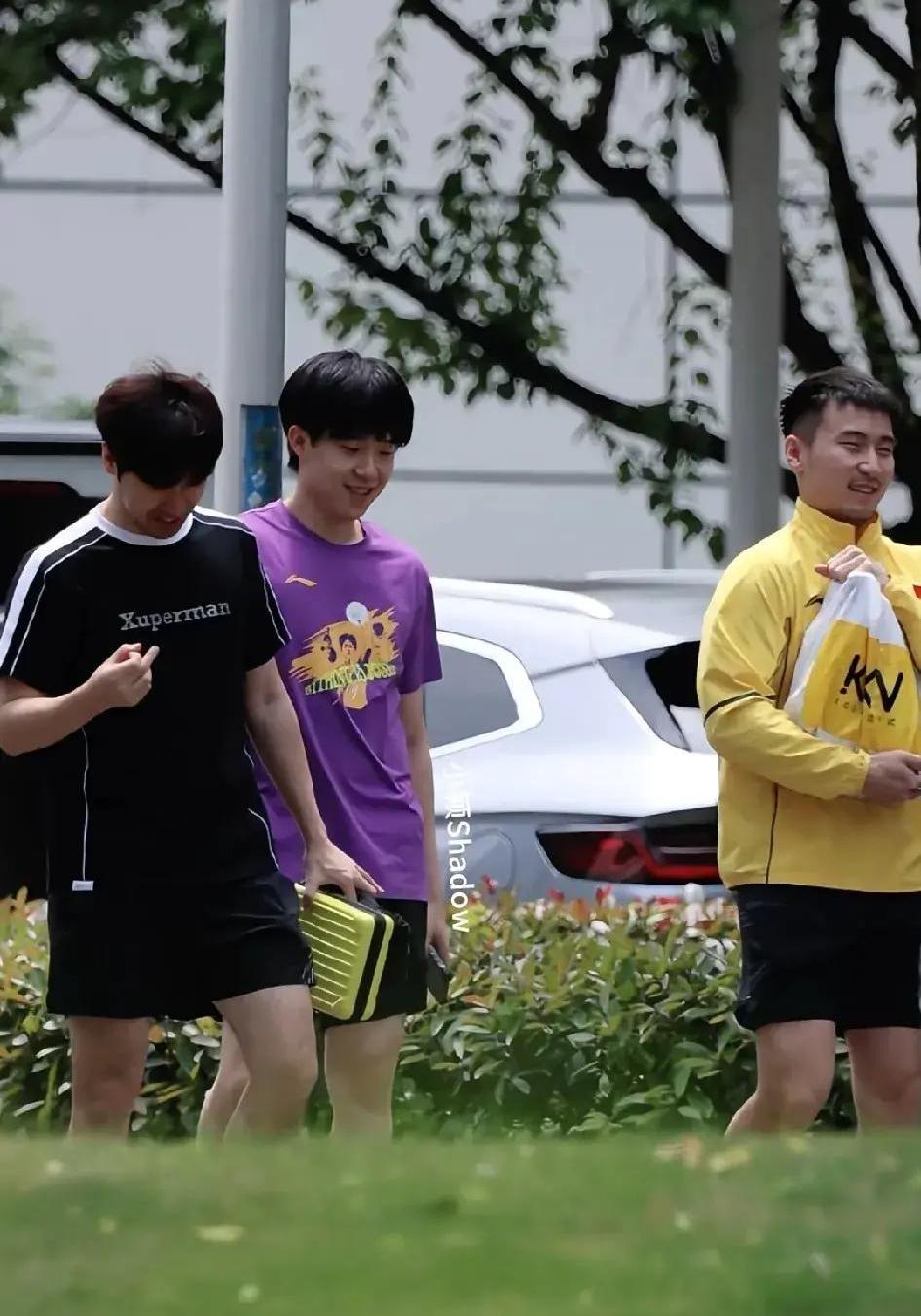 三位男乒球员同框：

我一眼就认出了穿着紫色T恤、拿着手机、乌发覆额、垂眸微笑的