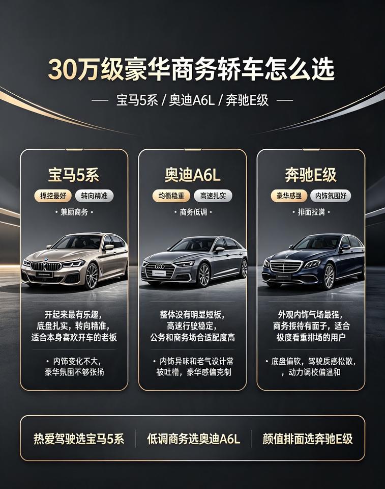 商务职场人士，三十万预算入手中大型豪华轿车，别盲目看车标。宝马5系开起来的感受是