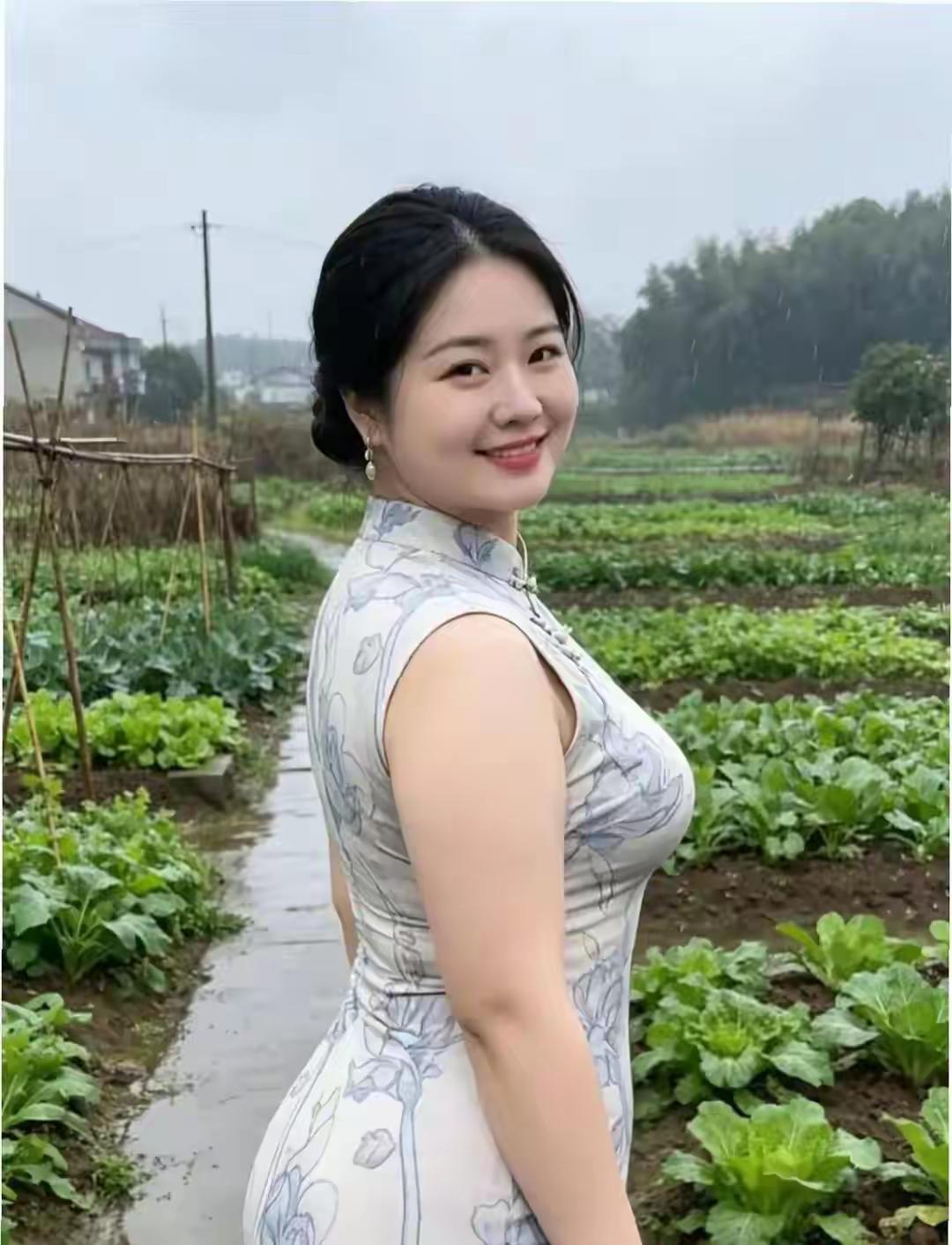 乡村少妇穿上旗袍也是道亮丽的风景线，