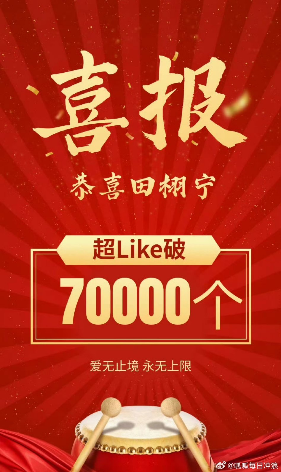 田栩宁超话超Like破70000，从65000到70000，速度好快！ ​​​