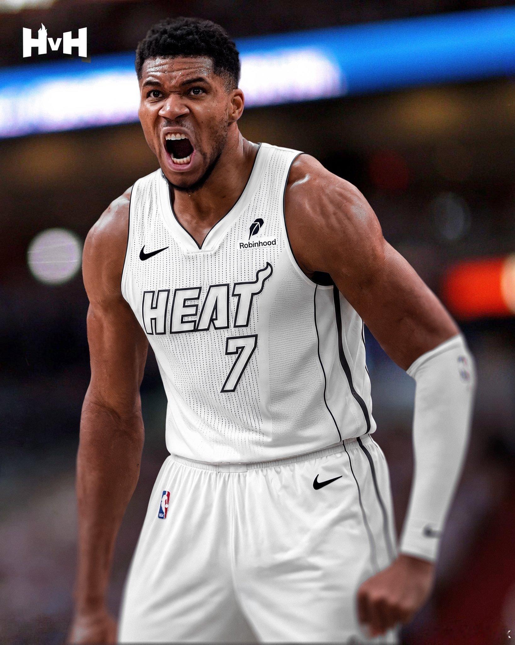 字母哥穿上白热球衣，视觉冲击力拉满，简直就是一头怪兽！nba迈阿密热火