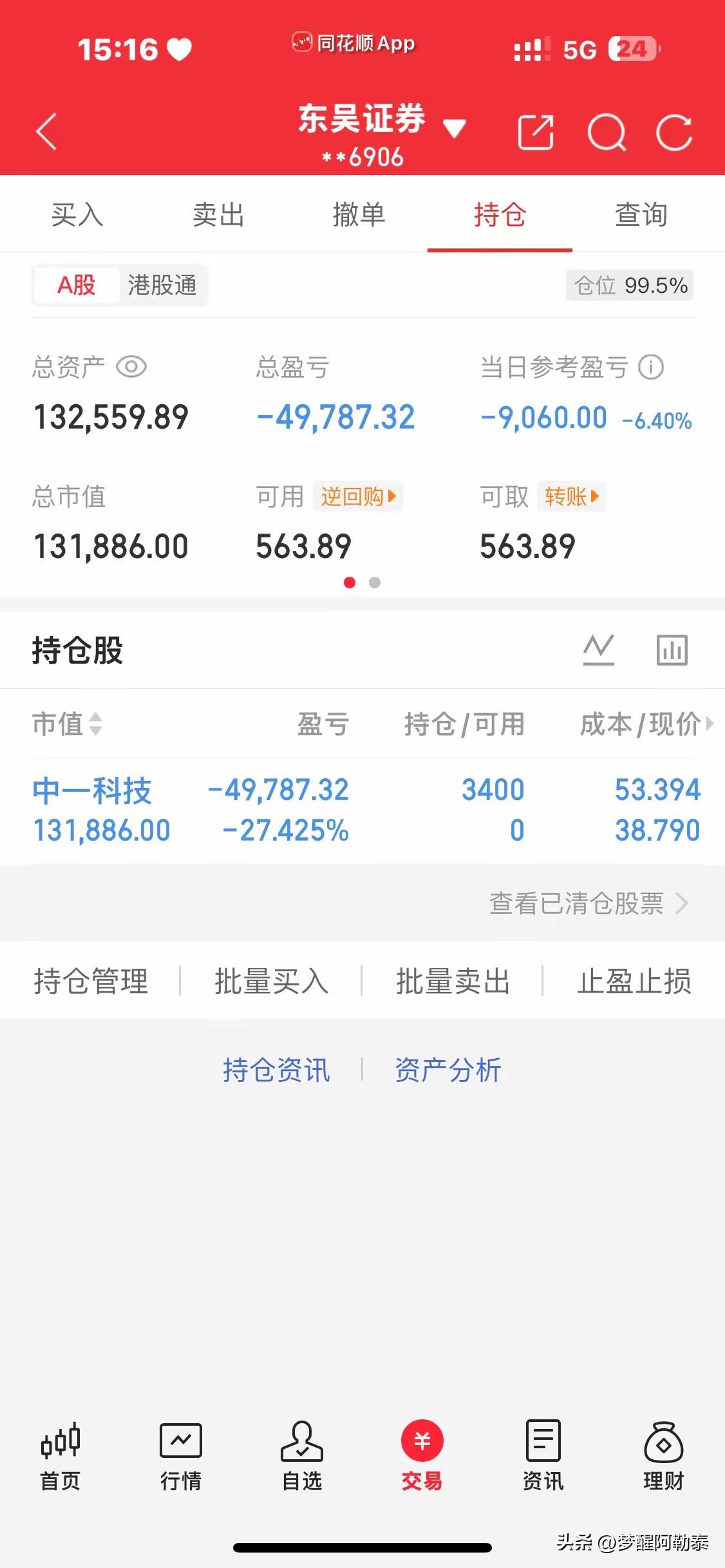 下跌趋势里就算做成差价，也挡不住巨额深套！
看中一科技这位股民的持仓，太能代表绝